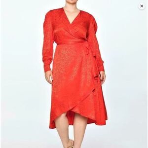 NEW Eloquii Red Leopard‎ Burnout Pattern Wrap Dress with Puff Shoulders, 26